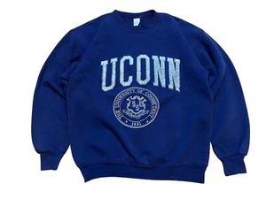 Vintage 80s UCONN Huskies Navy Blue Crewneck Sweatshirt Large University Logo - Picture 1 of 7