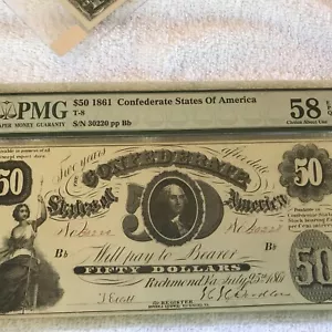 1861 $50 Fifty Dollar Confederate States of America Note T-8. PMG. EPQ 58 - Picture 1 of 4