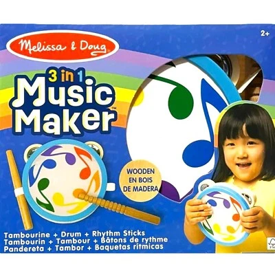 JUEGO PARA HACER MÚSICA MELISSA & DOUG 3 en 1 Madera PANDERETA/BATERÍA Y PALOS DE RITMO ~ Nuevo Foto 1 de 2