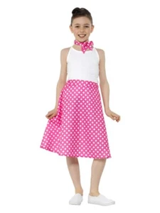 Girls 50s Polka Dot Skirt Neck Scarf Medium Children Pink Book Day Fancy Dress - Picture 1 of 4