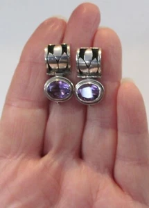 Pendientes colgantes con bisagras diseño oxidado amatista ovalado plata de ley LORI BONN 1" - Imagen 1 de 9