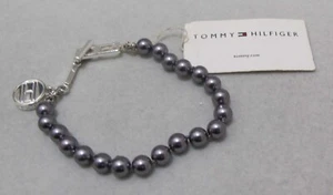 TOMMY HILFIGER Gray Faux Black Pearl Silver Tone Bracelet 7.25” $14 NWT Flaw - Picture 1 of 14