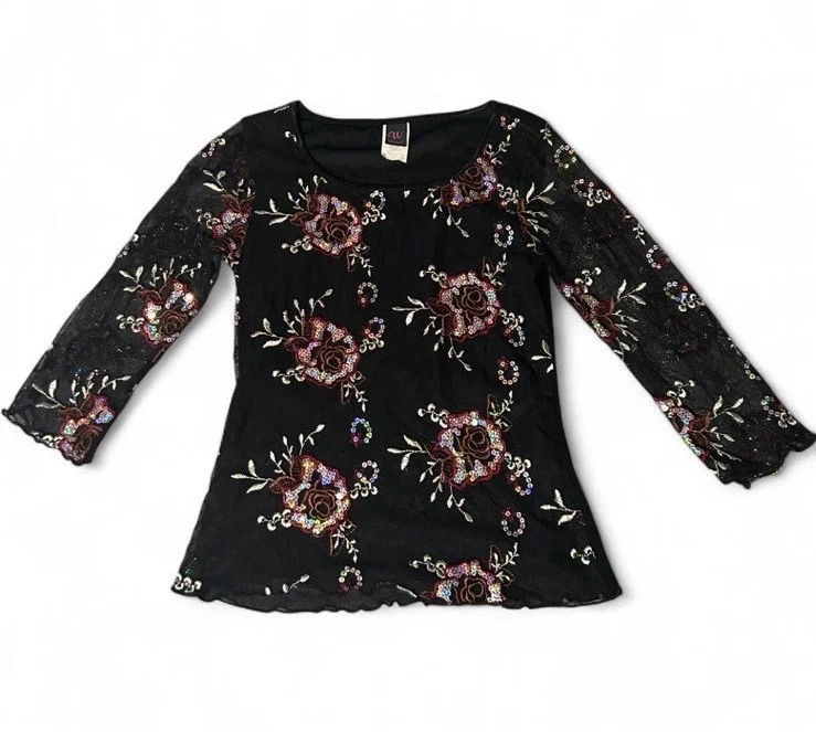 Top de malla de lentejuelas florales negro caprichoso Y2K para mujer Fairy Grunge pequeño Foto 1 de 4
