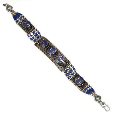 Sterling  Tibetan Turquoise Round Gemstone Handmade Nepali Bracelet - Image 1 of 4