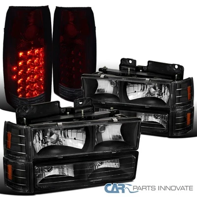 Fits 94-98 GMC C/K Sierra Black Headlights Bumper Corner+Red/Smoke LED Tail Lamp Foto 1 de 4