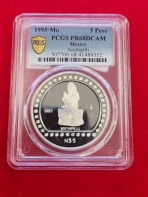 1993 MEXICO SILVER 5 PESOS S5P XOCHIPILLI Pcgs PF68 ULTRA CAMEO RARE LOW MINTAGE - Image 1 of 4