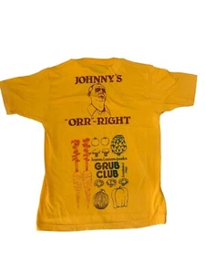 Vintage 80’s Yellow T-shirt Single Stitch Hipster Grub Clup Johnny’s Mushrooms L - Picture 1 of 14