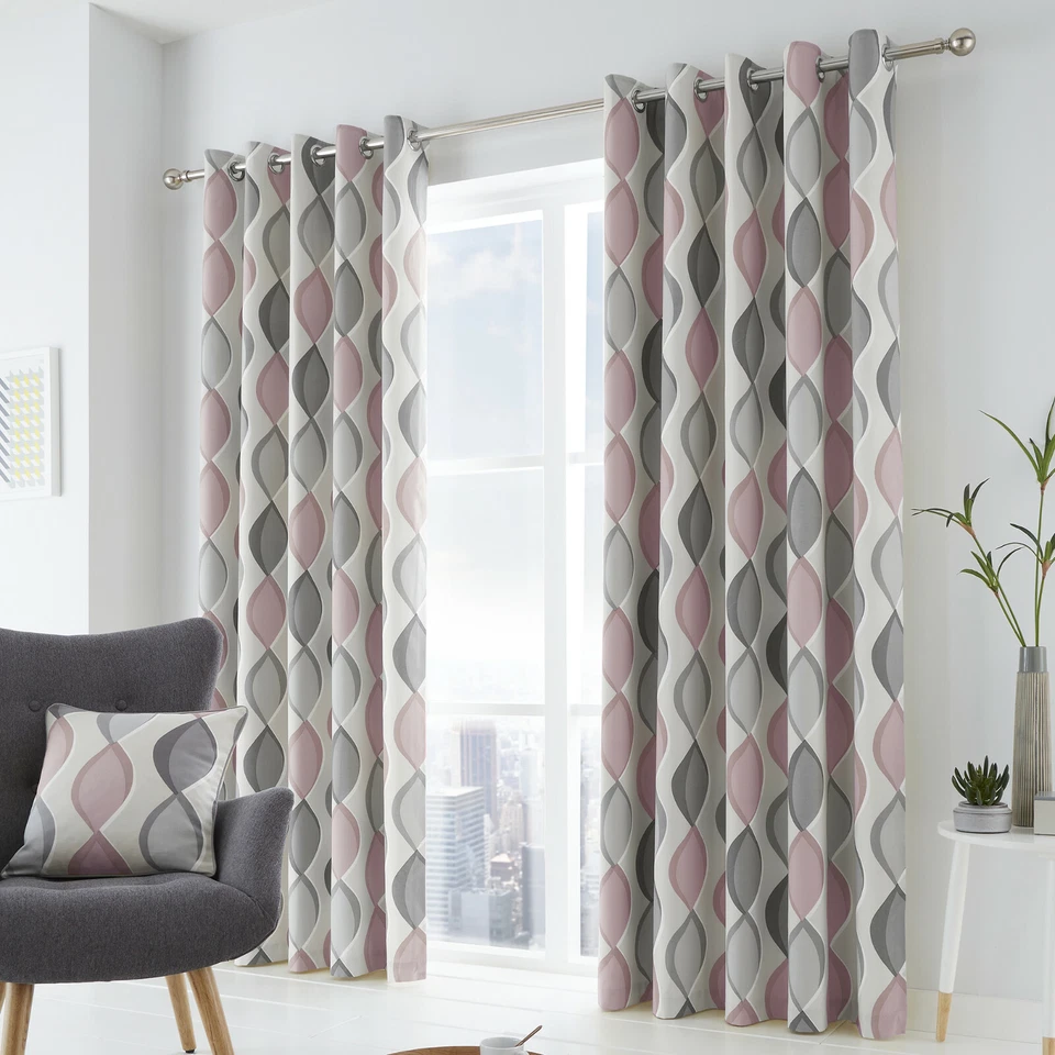 100% Cotton Grey and Blush Pink Geometric Ogee Lined Eyelet Curtains OR Cushions - Image 1 of 1