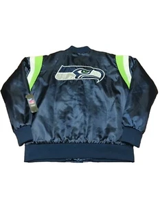 XL Seattle Seahawks Satin Jacket Embroidered Snap Quilted Lined Retro NFL NWT - Picture 1 of 11