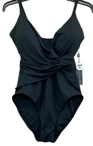 Traje de baño La Blanca talla 10 de una pieza Island Goddess adelgazante fruncido negro nuevo - Imagen 1 de 6