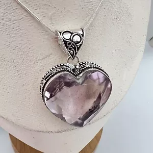 925 Sterling Silver Rose Quartz Heart Necklace Pendant Gemstone Jewelry Womens - Picture 1 of 7
