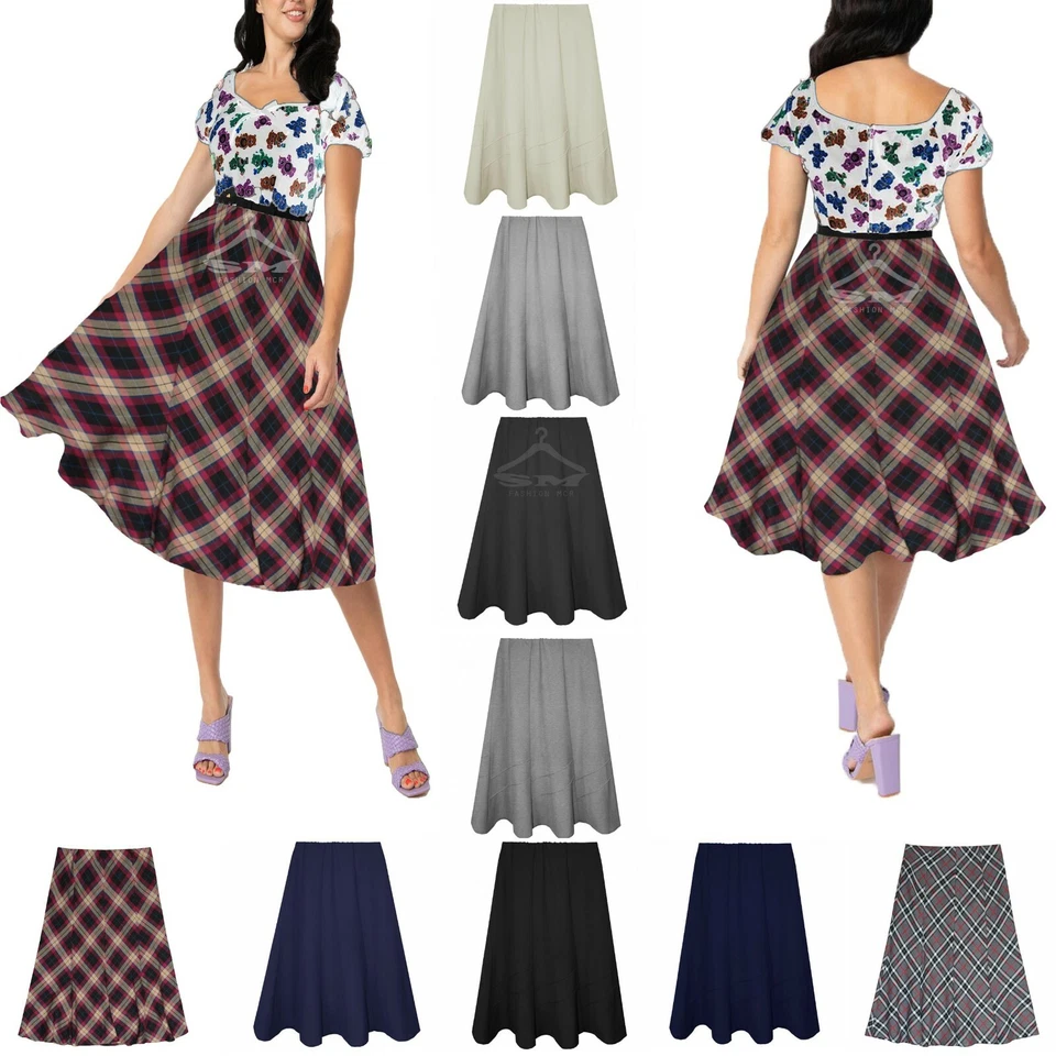 WOMEN FLARED SKIRT SKATER LADIES MIDI OFFICE SWING MID LENGTH ELASTICATED WAIST - Image 1 of 1