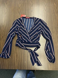 Guess Los Angeles Blue Striped Tie Over Shoulder Top New Half Short Small - Picture 1 of 11