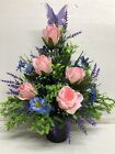 Artificial Pink Blue Mix flower Crem Pot Flat back  - Grave arrangement HandMade