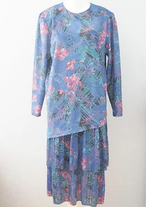 Vestido floral D'ALLAIRD'S azul talla 14 manga larga parte inferior plisada en niveles - Imagen 1 de 4