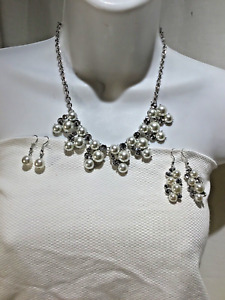 Pearl and Whitelite Diamond Choker Style Necklace and Earring Set Costume Silver