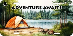 ADVENTURE AWAITS CAMPING CAMP FISHING ADVENTURE FISHING METAL LICENSE PLATE F - Picture 1 of 4