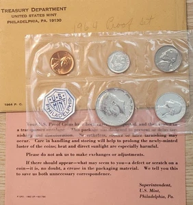 Juego de prueba de plata de la Casa de la Moneda de Estados Unidos 1964, 5 monedas, OGP ~ Embalaje como nuevo de Estados Unidos ~ Certificado de autenticidad ~ Z-64pf - Imagen 1 de 12