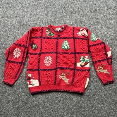 Suéter Navidad Vintage 100% Lana Mujer Pequeño Rojo Firmas Islas del Norte Foto 1 de 4