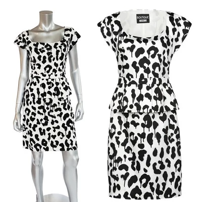 VESTIDO BOUTIQUE MOSCHINO BRANCO ESTAMPA DE LEOPARDO ALGODÃO SAIA PEPLUM IT 42 EUA 8 - Imagem 1 de 4