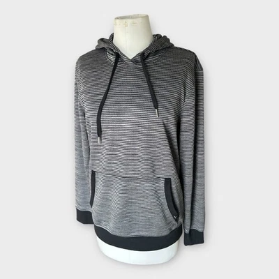 Womens PrAna Striped Hoodie Sweatshirt sz Large Black Gray Stripes Gorpcore Cozy Foto 1 de 4