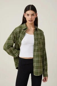 Camisa COTTON ON Para Mujer Novio Franela Mangas Largas Amapola Cuadros Musgo Oscuro 10 - Imagen 1 de 9