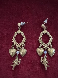 Vintage goldfarbene Cherubs Herz Tropfen Ohrhänger - Bild 1 von 6