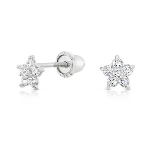 10K Real Solid White Gold Baby Flower CZ Sleeper Studs Earrings Screw-back - Picture 1 of 7