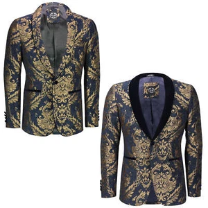 Mens Jacquard Blazer Gold Brocade on Flocked Navy Velvet Tailored Fit Tux Jacket - Picture 1 of 9