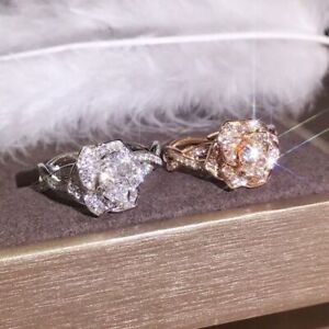 Fashion Women 925 Silver Gold Rose Flower Crystal Zircon Ring Wedding Jewelry