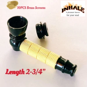 Inhale Black +brass plated herb tobacco smoking metal pipe w 10 brass screen - Picture 1 of 4