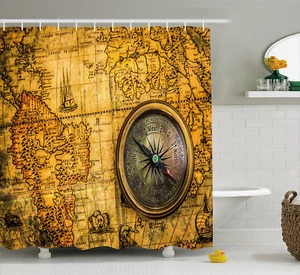 Map Shower Curtain Vintage Antique Windrose Print for Bathroom 84" Extralong - Picture 1 of 1