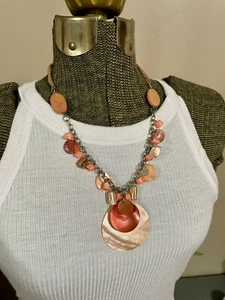 Pink Coral Shell Boho Pendant Necklace Statement Mother of Pearl Silver Tone - Picture 1 of 7