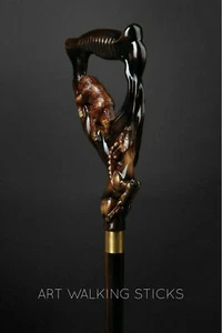 Carved Handmade Bear Handle Wooden Cane Forest Song Walking Stick for Gifts - Picture 1 of 5