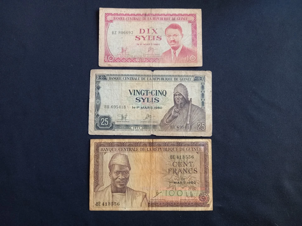 GUINEA 10 (1980) + 25 (1971) SYLIS + 100 (1960) FRANCS Banknotes - Image 1 of 2