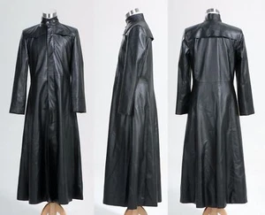 Mens Neo Matrix Trench Coat Keanu Reeves Black Leather Trench Coat Gothic Jacket - Foto 1 di 5
