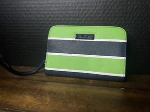 Vera Bradley Lucky Stripe Zip-Around Wristlet Faux Leather Blue Green White NWOT - Picture 1 of 3