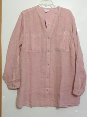 NWT-J JILL LOVE LINEN BUTTON FRONT TAB SLEEVE TUNIC-XL- LIGHT PINK-TULIP-$99 - Image 1 of 4