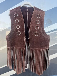 HANDMADE Vintage 80s brown suede fringe jacket vest OS Harley-Davidson biker - Picture 1 of 6