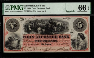 1860 $5 Obsolete - De Soto, Nebraska - Corn Exchange Bank - PMG 66 EPQ - Picture 1 of 2