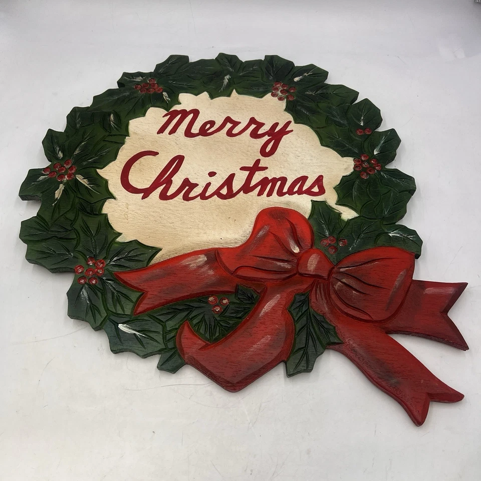 "Letrero de Feliz Navidad vintage tallado a mano madera colgante corona puerta 15""x17""" Foto 1 de 4