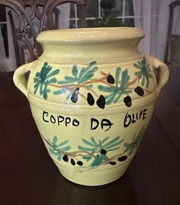 Urna brocca vaso ceramica urna oliva gialla fatta a mano italiana vintage doppio manico 7" - Foto 1 di 5
