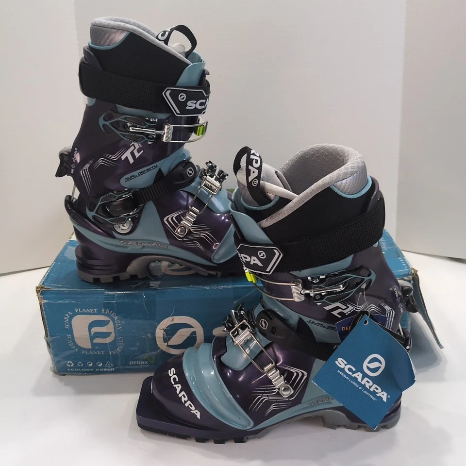 Botas de esquí Scarpa T2 Eco Telemark - Mondo 25.0 para mujer talla 8 púrpura azul EE. UU. Foto 1 de 4