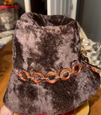 Vintage 1960s Grace’s Nashville Faux Mink Fur Hat w/ Orange Lucite Chain Trim - Image 1 of 4