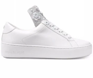 New Michael Kors Mindy Sneakers Leather Lace up Tennis floral studs optic white - Picture 1 of 3