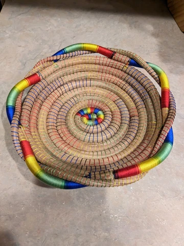 Nicaraguan Hand Woven Pine Needle Basket rainbow coloured accents Cover