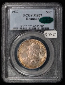 1937 50c Roanoke Commem Half Dollar - Neon Toning - PCGS CAC MS 67 - B3191 - Picture 1 of 13