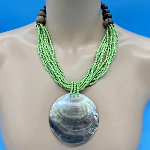 Mother of Pearl Pendant Necklace Olive Seed Beads Button Closure Wood Beads New - Picture 1 of 14