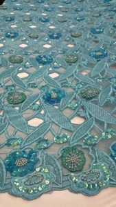 Turquoise Lace 3D Floral Flowers Sequin Embroidery  Fabric By The Yard Fashion  - Picture 1 of 10