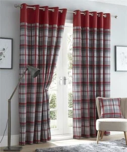 Red curtains eyelet ring top lined curtains tartan check ready made - Picture 1 of 10